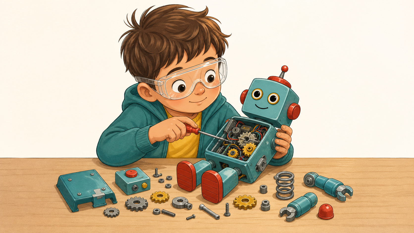 A curious child wearing safety goggles taking apart a toy robot to see its internal mechanism