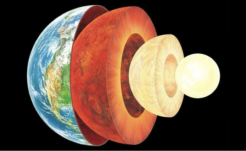 Cutaway view of Earth's crust, mantle, outer core, and inner core